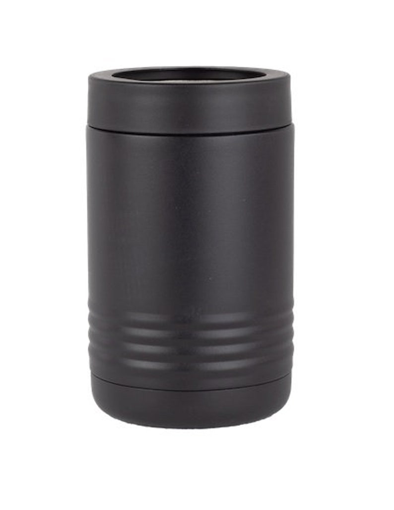 May include: A black stainless steel can cooler with a ribbed design.