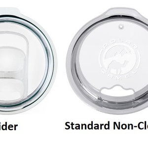 May include: Two clear plastic lids for a travel mug. The lid on the left has a slider mechanism. The lid on the right is a standard non-closing lid.