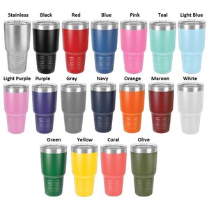 May include: A set of 16 stainless steel tumblers in various colors, including stainless, black, red, blue, pink, teal, light blue, light purple, purple, gray, navy, orange, maroon, white, green, yellow, coral, and olive.