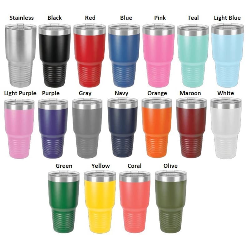 May include: A set of 16 stainless steel tumblers in various colors, including stainless, black, red, blue, pink, teal, light blue, light purple, purple, gray, navy, orange, maroon, white, green, yellow, coral, and olive.