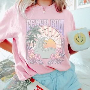 Beach Bum Comfort Colors Shirt, Gift For Her, Beach Waves Tee, Preppy T-Shirt, Retro Beach Happy Vibes T-shirt Summer Sunset Pastel Shirt