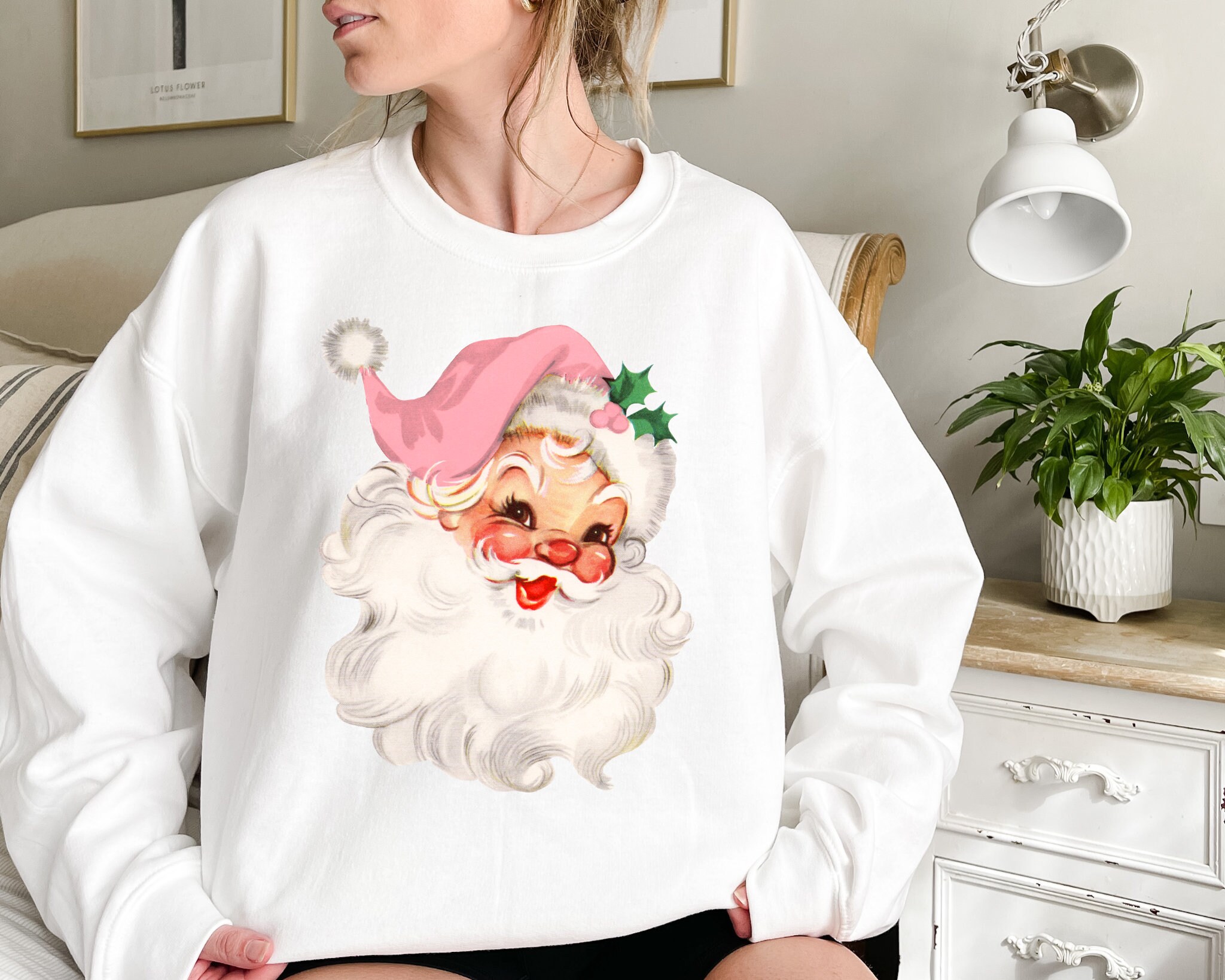 Pink Vintage Santa Sweatshirt, Vintage Etsy Pink Cute - Holiday Santa Face, Crewneck Her, Gift Sweatshirt, Xmas Pink Christmas Matching for Sweater