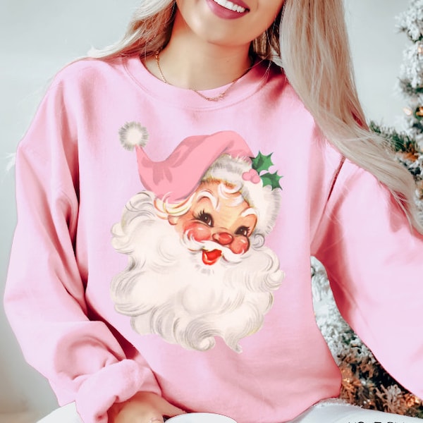 Pink Retro Santa Sweatshirt | Christmas Sweatshirt | Pink Santa Hat | Xmas Gift | Gift for Her | Retro Holiday  | Festive Tee | Women Shirt