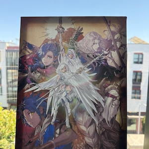 May include: A rectangular canvas print featuring a vibrant anime-style illustration of five characters. A central winged figure holds a spear, surrounded by four other individuals with distinct hair colors and detailed fantasy attire.