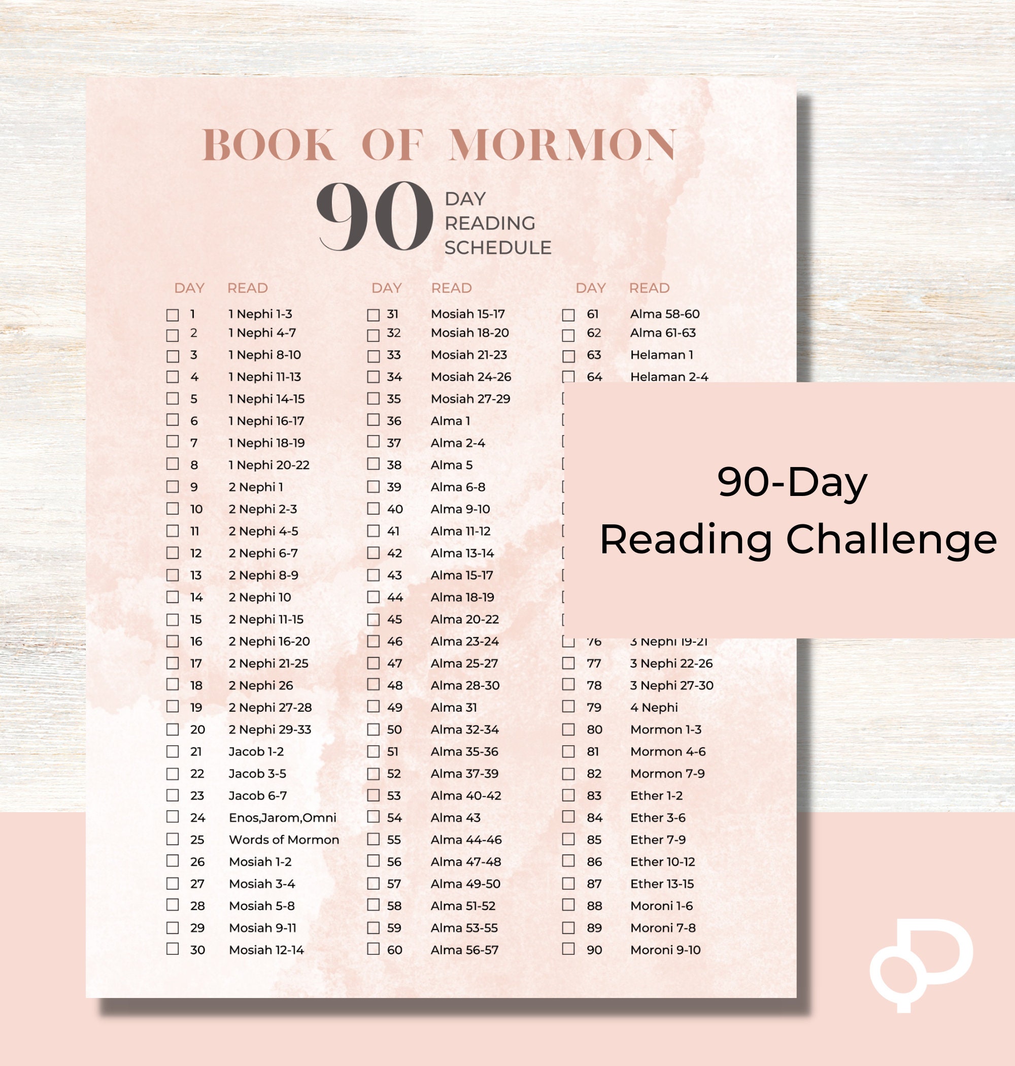 Book of Mormon 90day Reading Schedule, Reading Tracker, Bookmark
