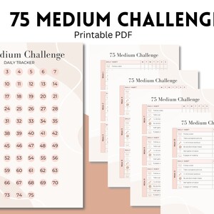 May include: Printable 75 Medium Challenge tracker with a daily tracker page and four pages with a grid for tracking progress. The tracker has a pink and white colour scheme with a simple design.