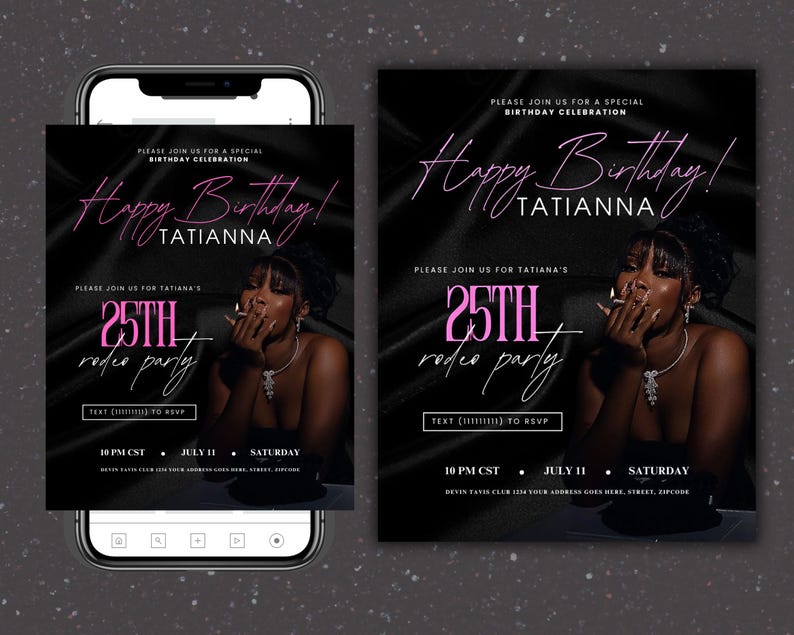 Puede incluir: Invitaci&oacute;n a una fiesta de cumplea&ntilde;os negra y rosa con una foto de una mujer con un vestido negro. La invitaci&oacute;n dice "&iexcl;Feliz cumplea&ntilde;os! Tatianna" y "Por favor, &uacute;nase a nosotros para la fiesta de rodeo del 25 aniversario de Tatianna".
