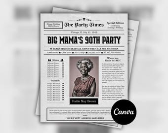 90th birthday invitation newspaper, 90th birthday gift, birthday invitations, birthday, 80th birthday invite, grandma birthday invitation