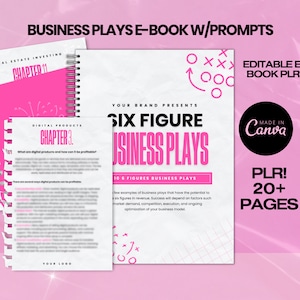 Pode incluir: Uma capa de e-book rosa e branca com o título "Six Figure Business Plays" e um diagrama de jogada de futebol. A capa também inclui o texto "Your Brand Presents" e "10-6 Figures Business Plays".
