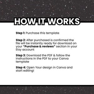 Puede incluir: Un cuadro de texto blanco con un contorno negro sobre un fondo gris oscuro con motas blancas. El cuadro de texto contiene instrucciones sobre c&oacute;mo usar una plantilla digital. El texto dice: "HOW IT WORKS Paso 1: Compra esta plantilla Paso 2: Una vez que la compra se confirme, el archivo estar&aacute; listo para descargar instant&aacute;neamente en la secci&oacute;n "Purchase & reviews" de tu cuenta de Etsy Paso 3: Descarga el PDF y sigue las instrucciones del PDF para tu plantilla de Canva Paso 4: Abre tu dise&ntilde;o en Canva y comienza a editarlo!"