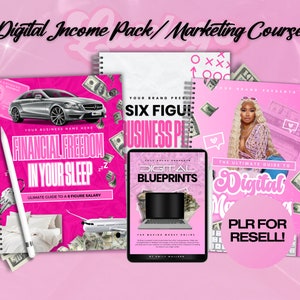 May include: A pink and white digital marketing course bundle with the text "Digital Income Pack/Marketing Course" and "Six Figure Business Plan" on the covers. The bundle includes a digital blueprint guide, a financial freedom guide, and a digital marketing guide.