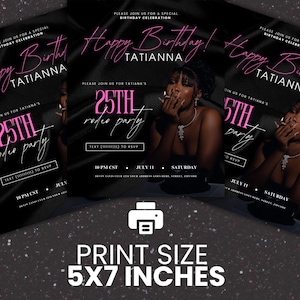 Puede incluir: Tres tarjetas de invitaci&oacute;n en blanco y negro con texto rosa. El texto dice "Happy Birthday Tatiana" y "25th Rodeo Party". Las tarjetas miden 5x7 pulgadas.