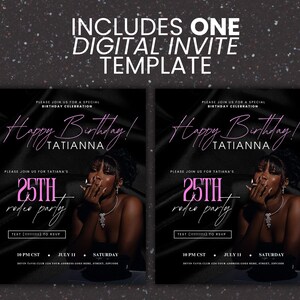 Puede incluir: Plantilla de invitaci&oacute;n digital para una fiesta de cumplea&ntilde;os n&uacute;mero 25 con un esquema de color negro y rosa. El texto dice "&iexcl;Feliz cumplea&ntilde;os! Tatiana" y "Fiesta de rodeo n&uacute;mero 25".