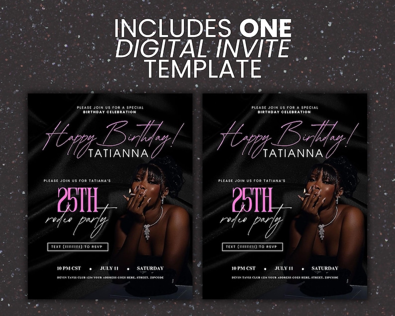 Puede incluir: Plantilla de invitaci&oacute;n digital para una fiesta de cumplea&ntilde;os n&uacute;mero 25 con un esquema de color negro y rosa. El texto dice "&iexcl;Feliz cumplea&ntilde;os! Tatiana" y "Fiesta de rodeo n&uacute;mero 25".
