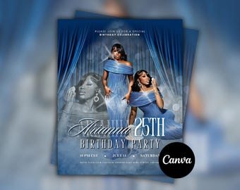 Volante de cumpleaños azul y plateado, invitación de cumpleaños de Piscis, volante digital, cumpleañera, cena de cumpleaños, asistencia de cumpleaños, volante de celebración