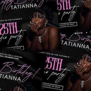 Puede incluir: Una invitaci&oacute;n de cumplea&ntilde;os negra y rosa con el texto "25th rodeo party" y "&iexcl;Feliz cumplea&ntilde;os! Tatianna".
