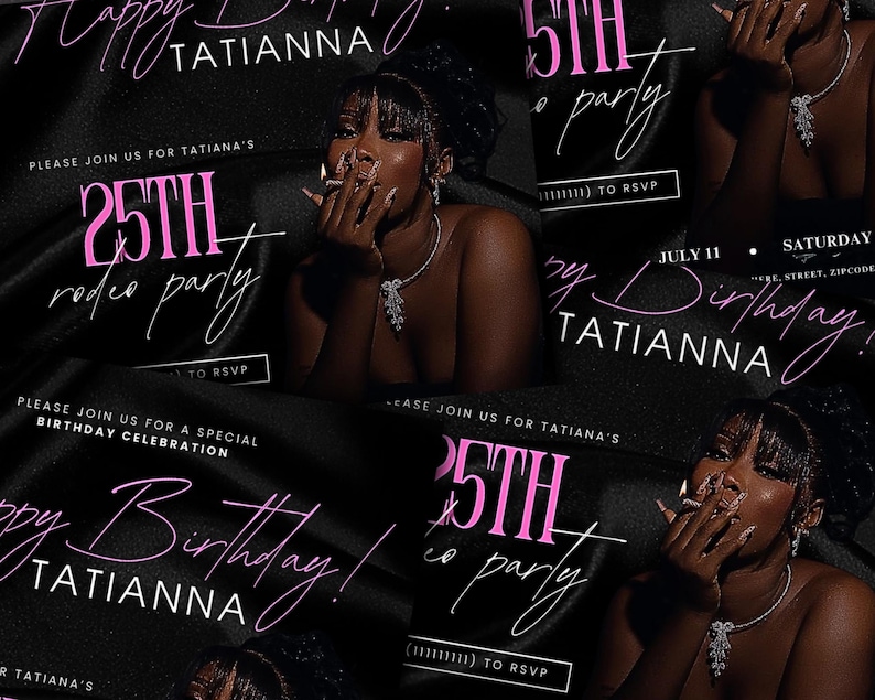 Puede incluir: Una invitaci&oacute;n de cumplea&ntilde;os negra y rosa con el texto "25th rodeo party" y "&iexcl;Feliz cumplea&ntilde;os! Tatianna".