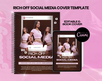 Op de afbeelding: Een digitale e-book cover sjabloon met een roze en bruine kleurstelling. De cover toont een vrouw die een roze top en een witte rok draagt. De tekst op de cover luidt "Rich Off Social Media: Secure the Bag Using Instagram".