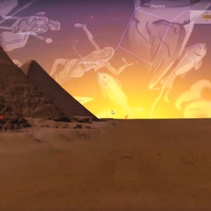 May include: A digital illustration of the constellations Andromeda, Pegasus, and Pisces against a sunset sky with a large pyramid in the foreground.