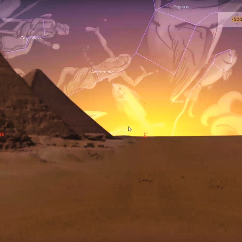 May include: A digital illustration of the constellations Andromeda, Pegasus, and Pisces against a sunset sky with a large pyramid in the foreground.