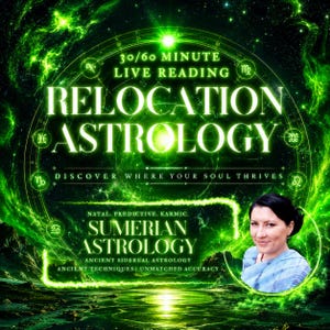 May include: A digital graphic featuring bright green cosmic energy and a circular zodiac chart. Text reads: 30/60 MINUTE LIVE READING RELOCATION ASTROLOGY DISCOVER WHERE YOUR SOUL THRIVES NATAL. PREDICTIVE. KARMIC. SUMERIAN ASTROLOGY ANCIENT SIDEREAL ASTROLOGY.