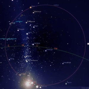 May include: A star chart showing the location of various stars and planets in the night sky. The chart is labeled with the names of the stars and planets, as well as the directions north, south, east, and west. The chart is surrounded by a dark blue background with a faint white Milky Way galaxy.
