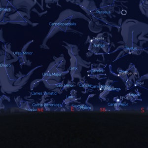 May include: A star chart showing the constellations visible in the night sky. The constellations are labeled with their names, including Ursa Major, Ursa Minor, Draco, Perseus, Taurus, Gemini, Auriga, Canis Major, Canis Minor, Orion, and more.