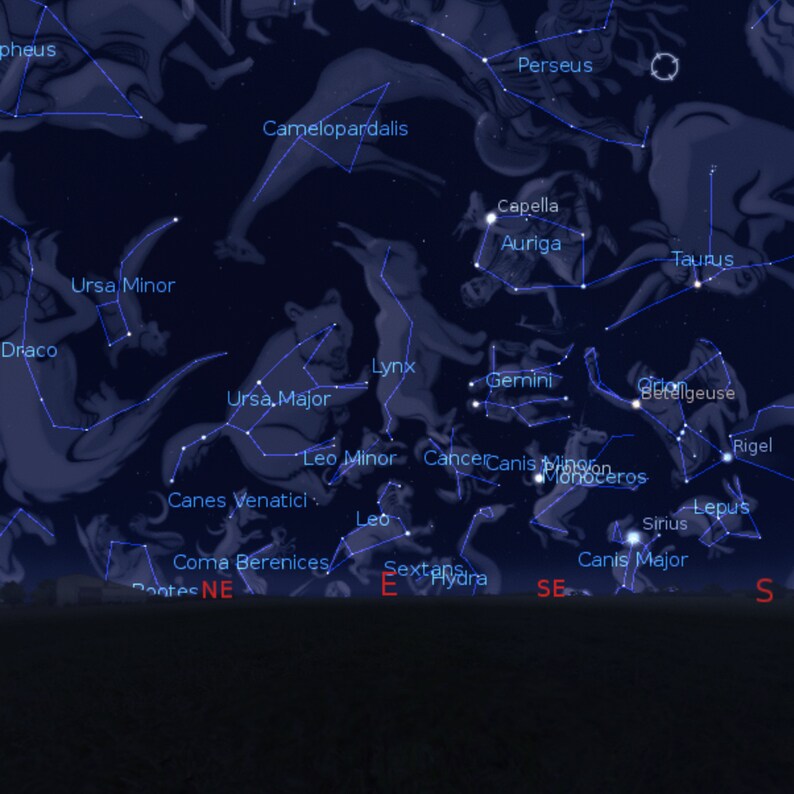 May include: A star chart showing the constellations visible in the night sky. The constellations are labeled with their names, including Ursa Major, Ursa Minor, Draco, Perseus, Taurus, Gemini, Auriga, Canis Major, Canis Minor, Orion, and more.