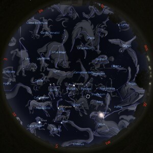 May include: A star chart showing the constellations of the night sky. The constellations are outlined in white lines and labeled with their names. The chart is set against a dark blue background with white stars.