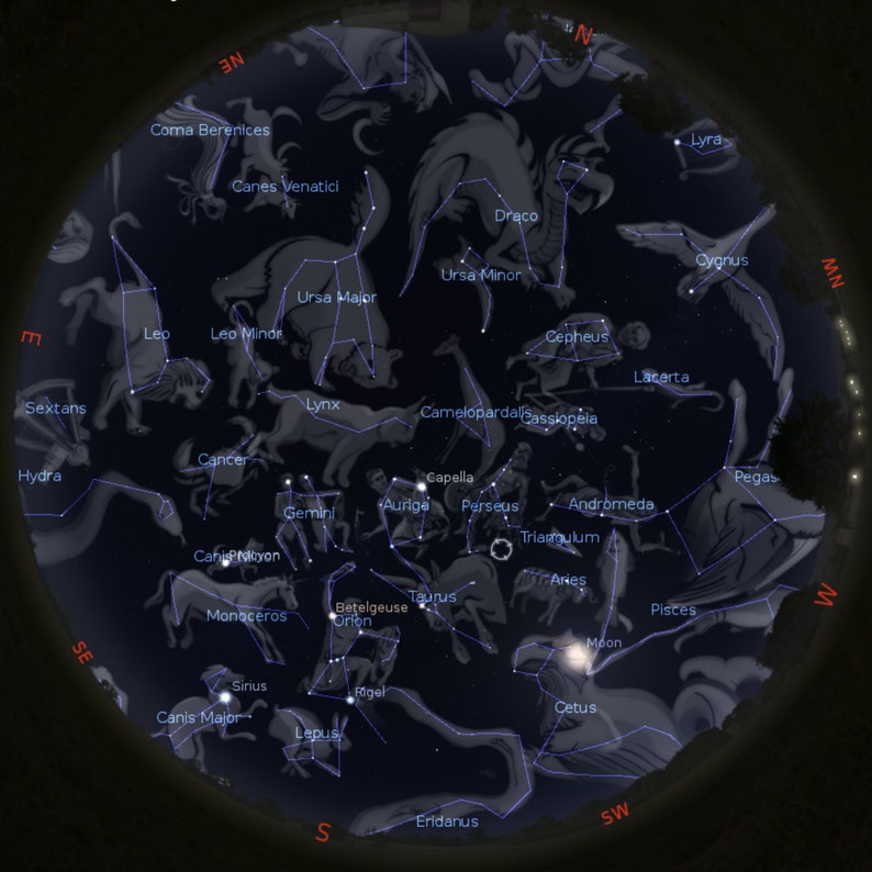 May include: A star chart showing the constellations of the night sky. The constellations are outlined in white lines and labeled with their names. The chart is set against a dark blue background with white stars.