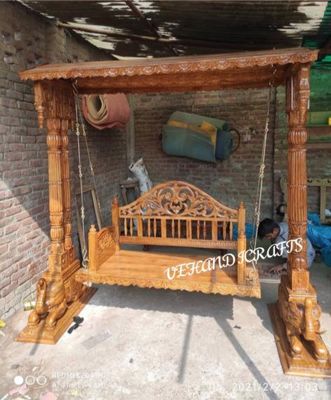 Handcrafted Solid Teak Wooden Swing/ Indian Fine Carved Swing/indoor