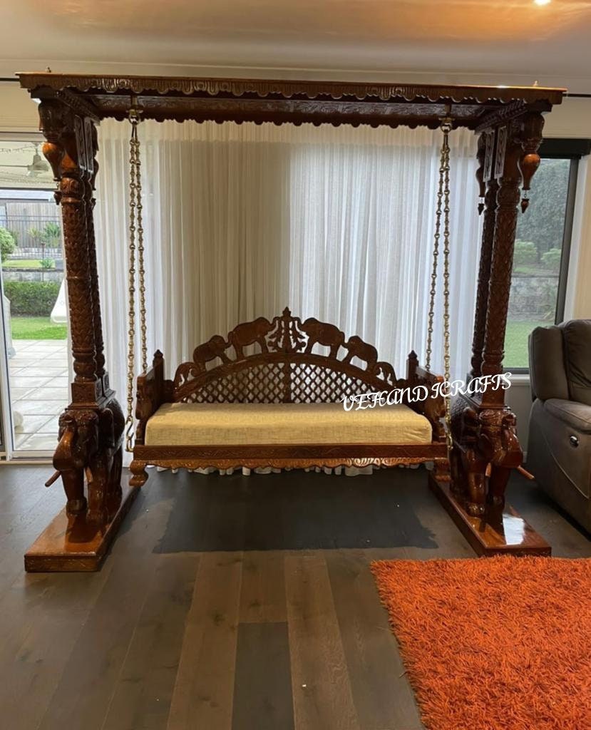 Handcrafted Solid Teak Wooden Swing/ Indian Fine Carved Swing/indoor