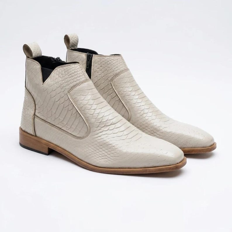 Handmade Off-White Python Embossed Leather Chelsea Boots | Italian Style Dress Shoes image 4