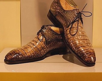 Handmade Men's Crocodile Pattern Leather Shoes Stylish Formal Dress Shoe Lace-Up