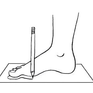 May include: A black and white line drawing showing a foot placed on a rectangular piece of paper. A pencil is held vertically against the front of the toes to mark the length of the foot on the paper, illustrating a method for measuring foot size.
