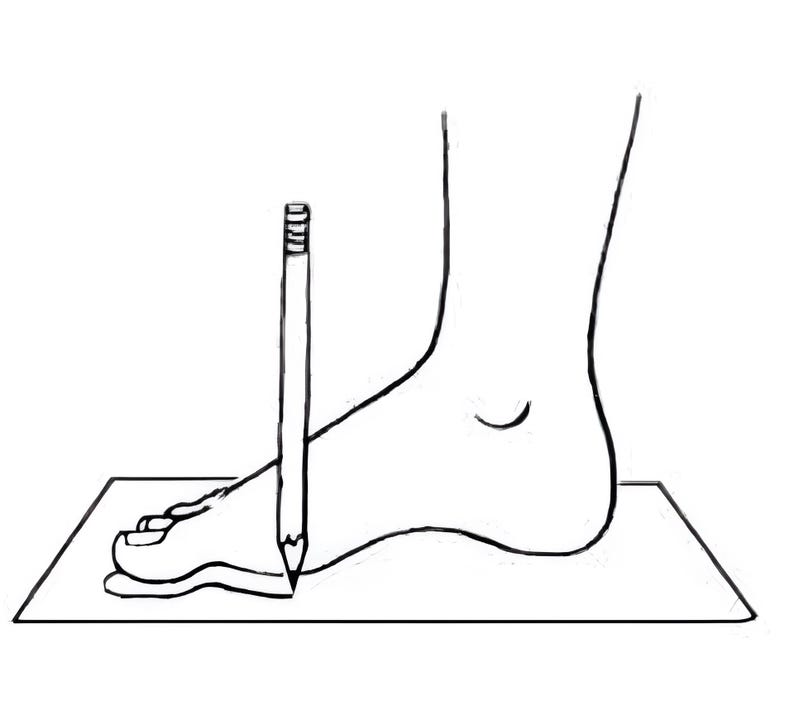 May include: A black and white line drawing showing a foot placed on a rectangular piece of paper. A pencil is held vertically against the front of the toes to mark the length of the foot on the paper, illustrating a method for measuring foot size.