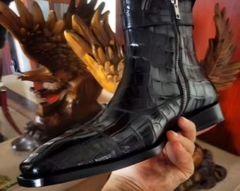 Genuine Handmade Leather Boot Black Crocodile Pattern Shoes Formal Dress Boot