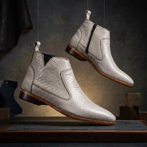 Handmade Off-White Python Embossed Leather Chelsea Boots | Italian Style Dress Shoes image 2