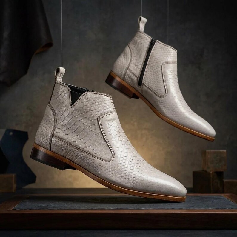 Handmade Off-White Python Embossed Leather Chelsea Boots | Italian Style Dress Shoes image 2