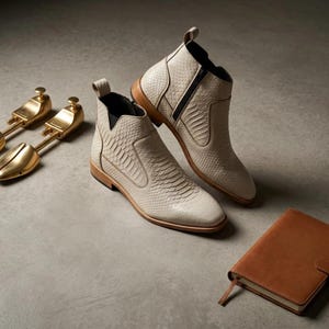 May include: A pair of off-white ankle boots featuring a textured snakeskin pattern, side zips, and brown wooden soles. Beside the boots are two gold-toned metal shoe trees and a closed brown leather notebook, all arranged on a neutral surface.