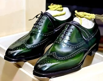 Men's Green Leather Wingtip Oxford Dress Shoes – Handmade Custom Fit