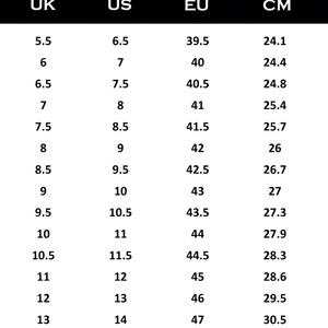 May include: A size chart table titled MEN'S SIZE CHART with columns for UK, US, EU, and CM sizes. The table lists numerical values for shoe sizing, starting from UK 5.5, US 6.5, EU 39.5, and 24.1 CM, up to UK 14, US 15, EU 48, and 31.1 CM.