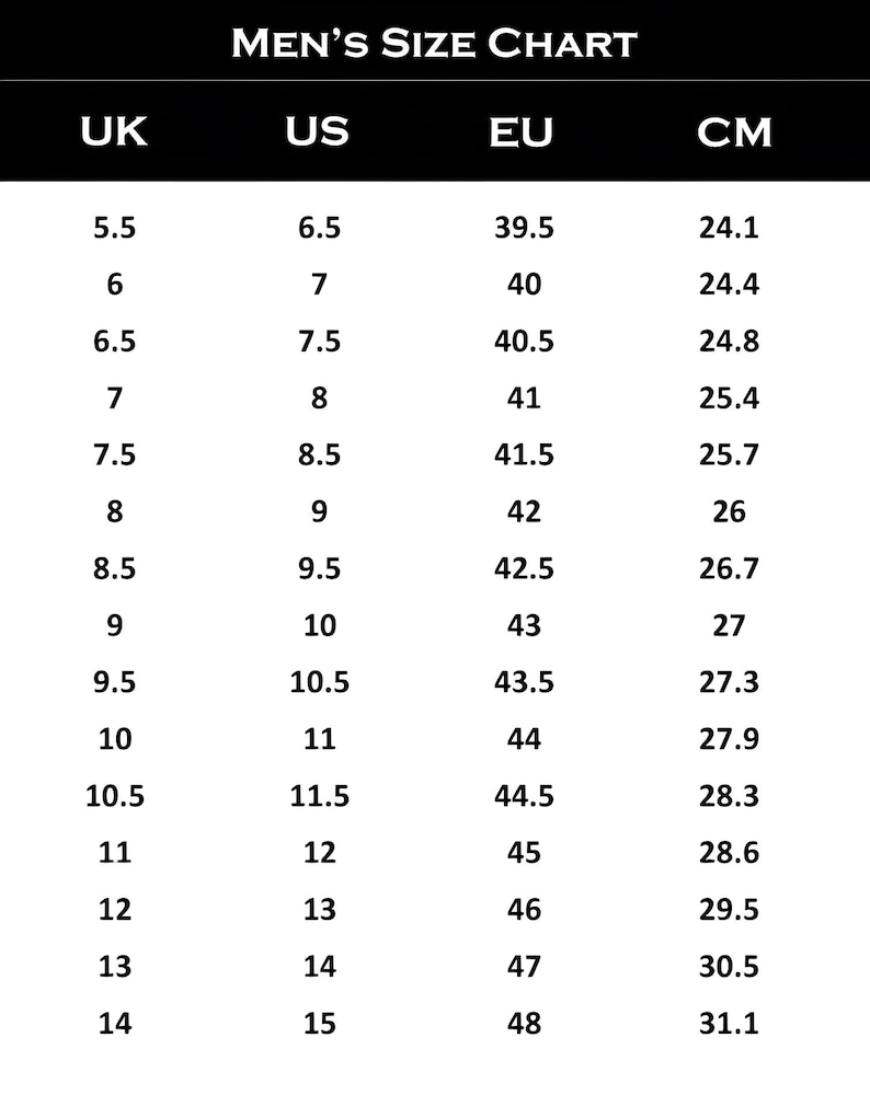May include: A size chart table titled MEN'S SIZE CHART with columns for UK, US, EU, and CM sizes. The table lists numerical values for shoe sizing, starting from UK 5.5, US 6.5, EU 39.5, and 24.1 CM, up to UK 14, US 15, EU 48, and 31.1 CM.