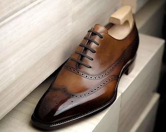 Zapatos Oxford de vestir formales para hombre, hechos a mano en piel marrón auténtica, con cordones y puntera de ala.