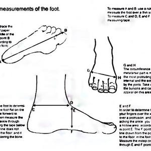 May include: A black and white instructional diagram titled How to take measurements of the foot. It features line drawings of a foot from various angles with labeled points A through H, accompanied by detailed text instructions for measuring.