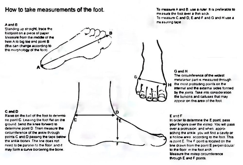 May include: A black and white instructional diagram titled How to take measurements of the foot. It features line drawings of a foot from various angles with labeled points A through H, accompanied by detailed text instructions for measuring.