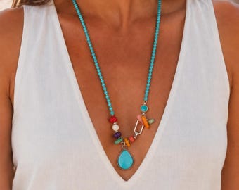 Long Turquoise Howlite Necklace, Coral Agate And Aqua Drop Pendant
