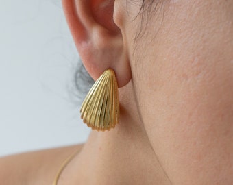 STRIPED GOLD BOLD earrings, hammered gold drop shape studs chunky dome large waterproof dainty organic flowing studs gift 4 her luxury dupe