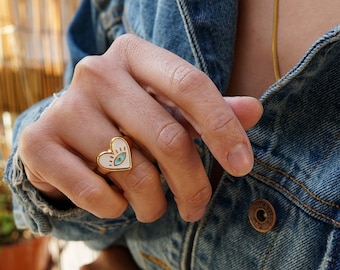 Gold HEART EVIL EYE ring wt Red/Black/White Enamel, Boho simple ring, Dainty signet Minimalist love ring, birthday gift hippie indie rock