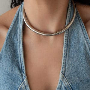 Silber Edelstahl Kragen Halskette, Dicke offene Choker, Minimal Torque